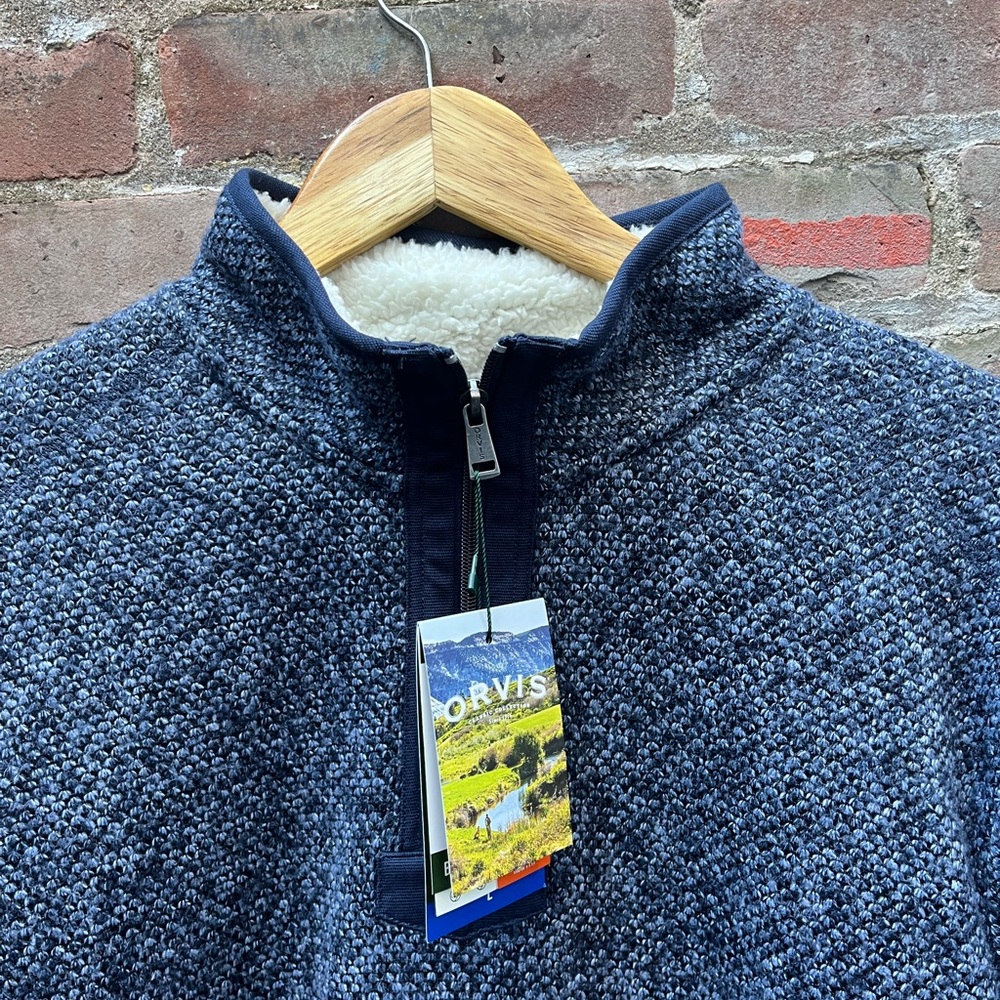 Orvis 1/4 Zip Fleece Lined Pullover Men’s L Blue Sherpa Outdoor Pullover NWT